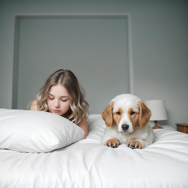 a girl and a dog are on a bed with a white pillow