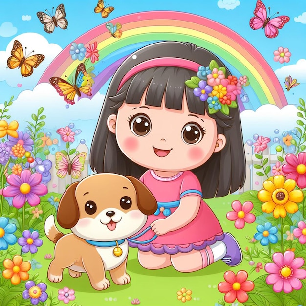 a girl and a dog are in a field with flowers and butterflies