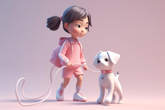 A girl and a dog on a pink background