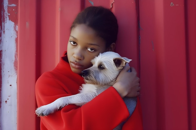 Girl and dog in red