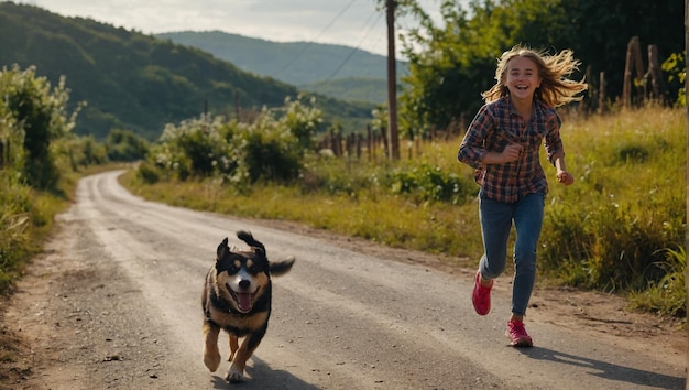 Girl and dog running along the road