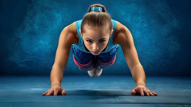 a girl doing push ups on a mat with a blue background