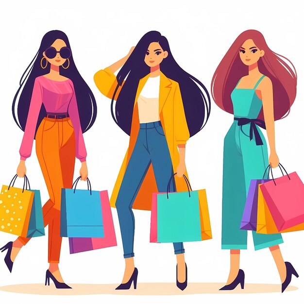 Girl doing shopping walk with shopping bags flat vector illustration