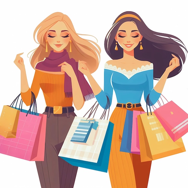 Girl doing shopping walk with shopping bags flat vector illustration