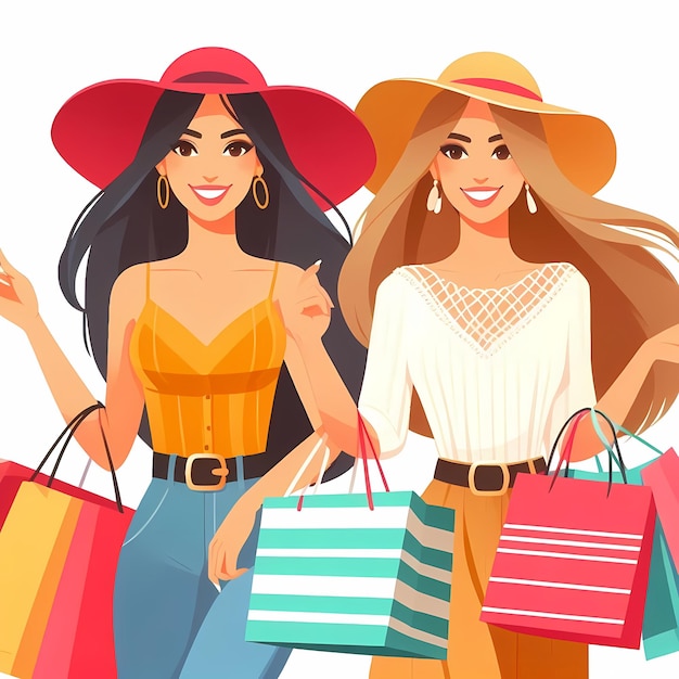 Girl doing shopping walk with shopping bags flat vector illustration