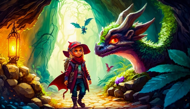 Girl and dragon in forest with path leading to them Generative AI