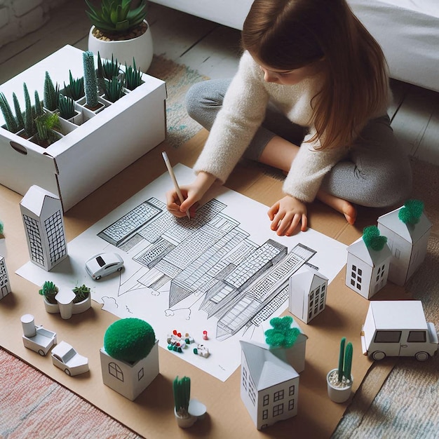 Photo a girl drawing a house with a plant in the middle