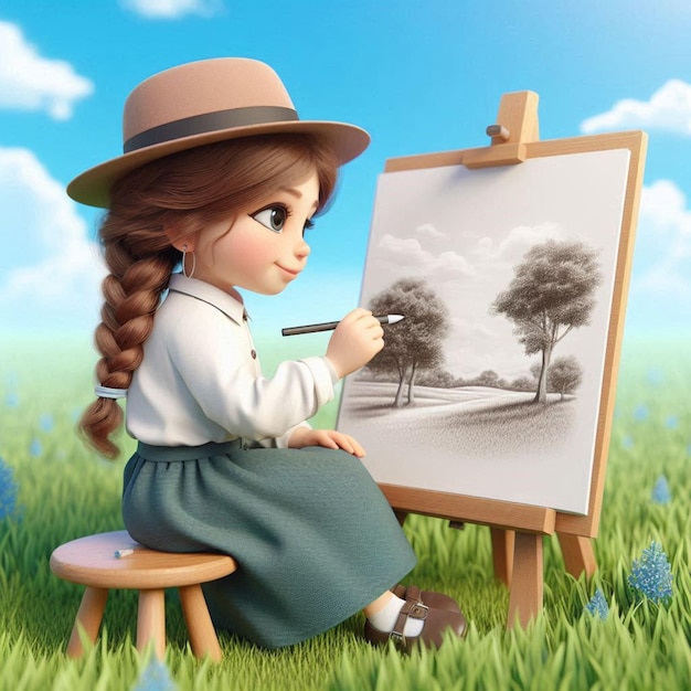 a girl drawing a picture of trees in a field