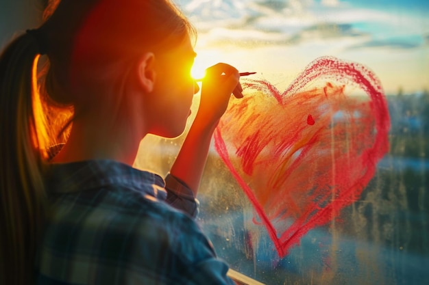 Girl draws a heart on glass and the sun is shining