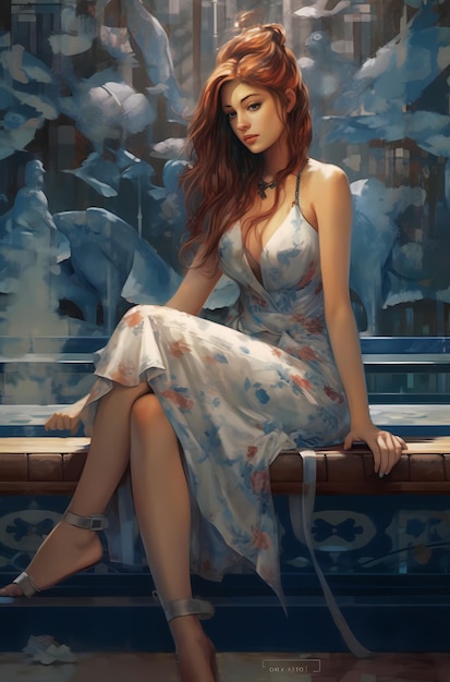 Girl in a dress sitting on a ledge