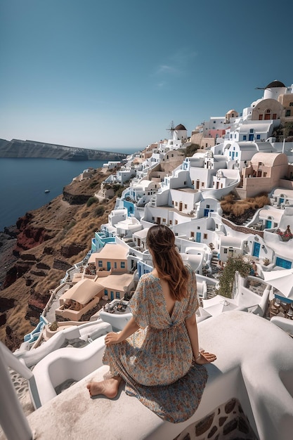 A girl in a dress stands on a cliff overlooking a blue ocean and the blue buildings of santorini.