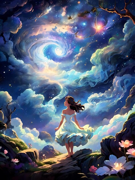 a girl in a dress stands in the middle of a night sky with the stars in the sky