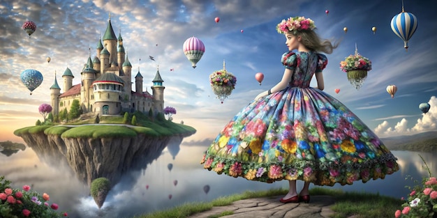 a girl in a dress with balloons in the sky