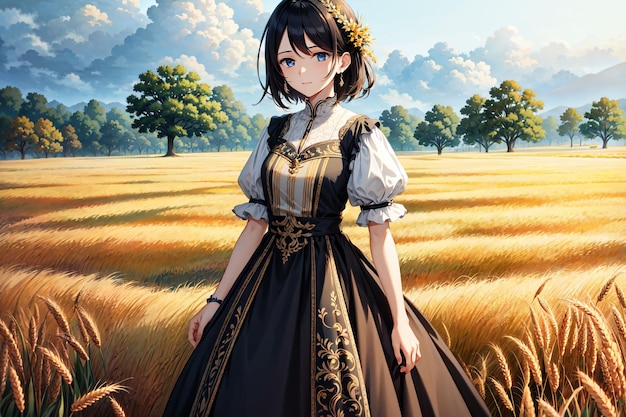 A girl in a dress with blue eyes stands in a field of wheat.