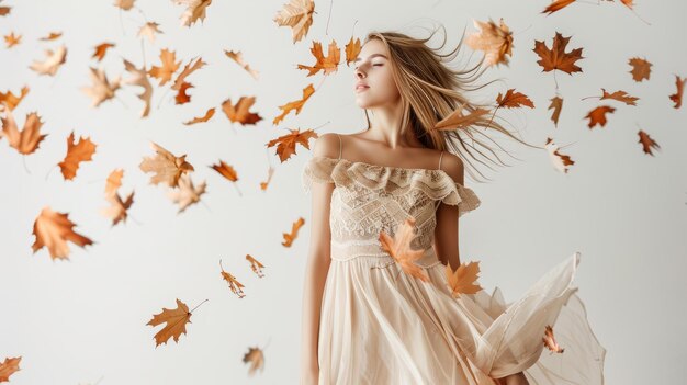 Girl in dress with fallen leaves