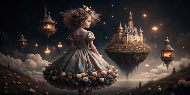 a girl in a dress with flowers on her head is looking at a castle with a castle in the background