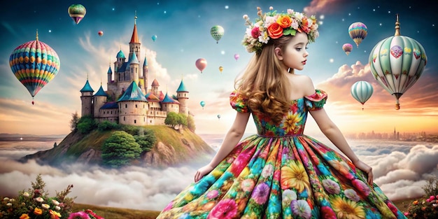 a girl in a dress with flowers on her head is standing in front of a castle