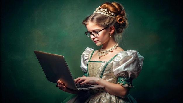 a girl in a dress with a laptop on her lap is sitting on a green background