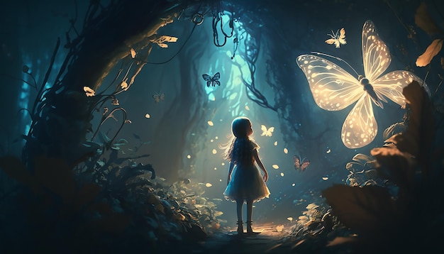 Girl in dress with shining butterfly walking in fantasy fairy tale elf forest