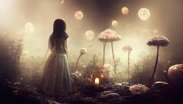 Girl in dress with shining lantern in hand walking. 3d render. Raster illustration.