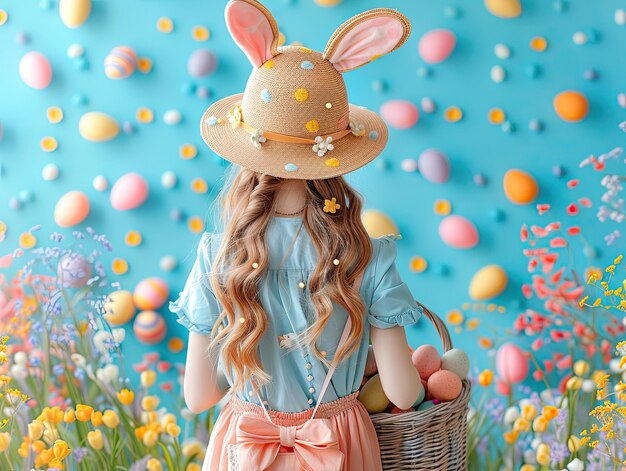 a girl dressed as an Easter bunny carrying colorful easter eggs on basket