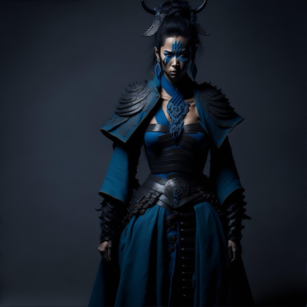 Girl dressed in typical blue samurai costume