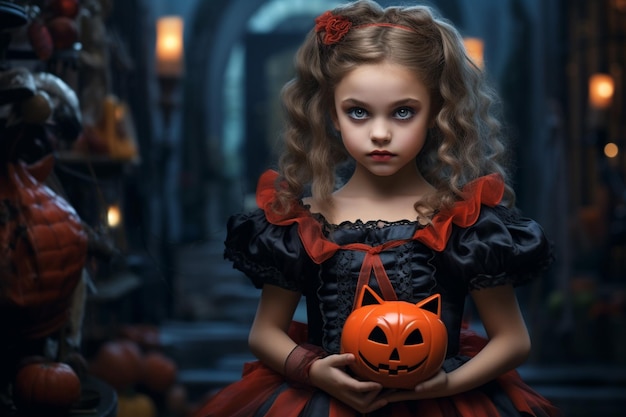 A girl dressed up to go trick or treating photorealistic