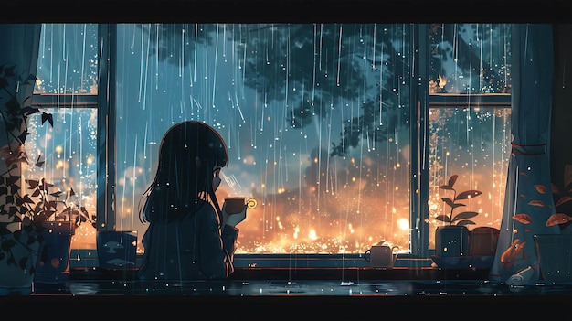 a girl drinking a cup of tea in front of a window with firework and the words quot the night is over