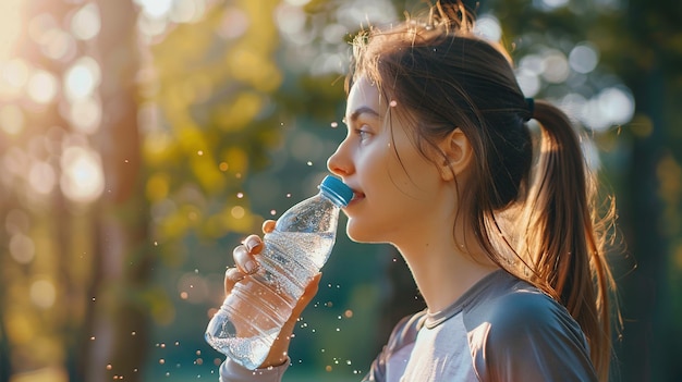 Girl drinking water after sports run and training in nature