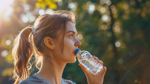 Girl drinking water after sports run and training in nature