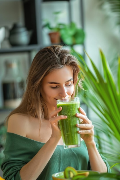 Photo the girl drinks a smoothie