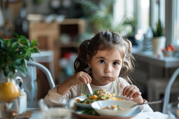 Girl Eating Food While Sitting By Table