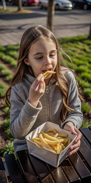 a girl eating french fries in a field with her hands on her chin