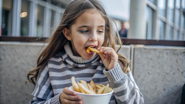 a girl eating french fries from a bowl