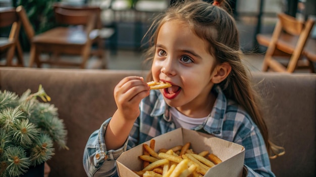 a girl eating french fries from a brown paper bag