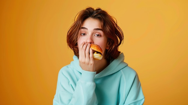 Photo the girl eating hamburger