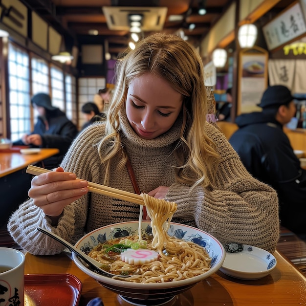 A girl eating noodles with chopsticks and a mug of sushi