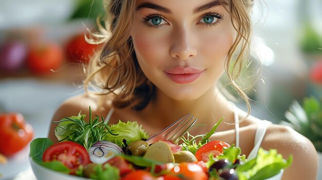 Girl Eating Vegetable Salad Lifestyle closeup shot Diet Concept Healthy Food