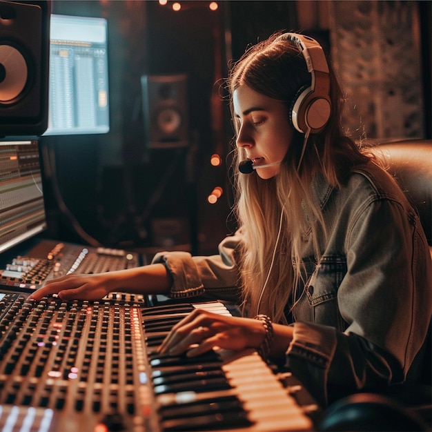 A girl engineer equalizing a song in a recording studio