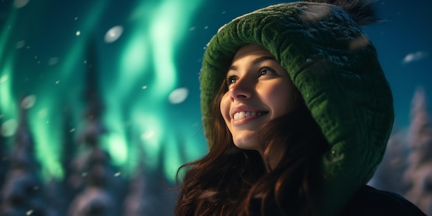 A girl enjoying Christmas aurora in Alaska Generative AI