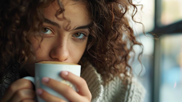 A Girl Enjoys A Coffee Break Her Curly Hair Bouncing With Each Sip