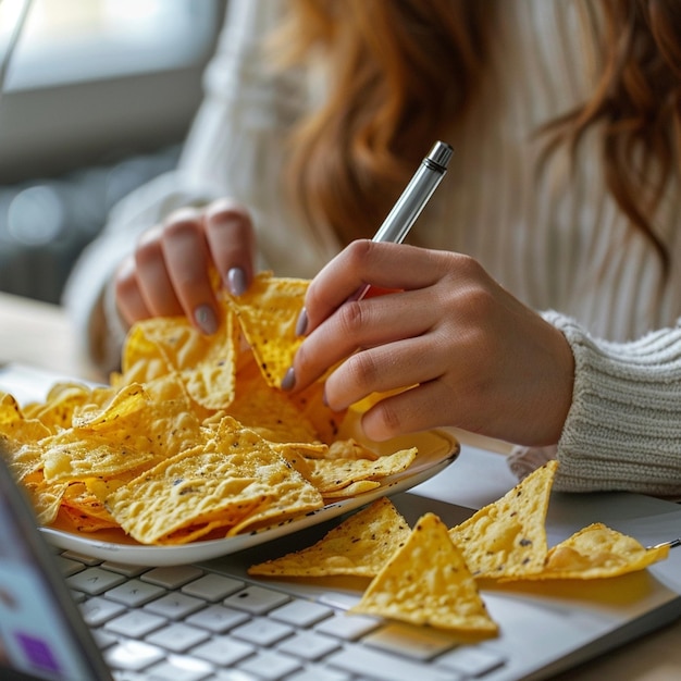 Photo girl enjoys snacking while typing on a keyboard