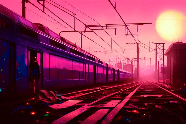 Girl enters train in ghetto district at sunset