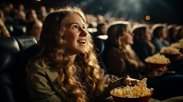 A girl enthusiastically watches a movie in a cinema while eating popcorn