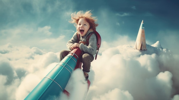 A Girl excited flying the rocket above clouds in the sky Generative AI image weber