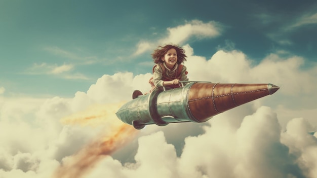 A Girl excited flying the rocket above clouds in the sky Generative AI image weber