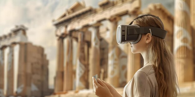 Photo a girl explores a virtual ancient greek temple using a vr headset concept virtual reality ancient greece temple exploration adventure technology