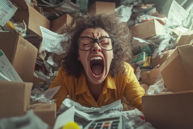 Photo girl expresses extreme stress amid a chaotic mess of receipts and shipping boxes while using a calculator at home