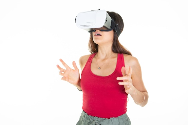 Girl expression in vr mask experiencing virtual reality as new entertainment device woman