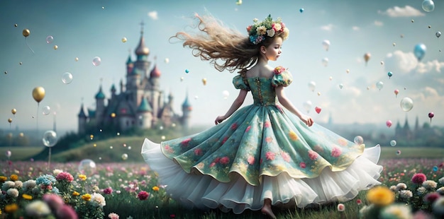 a girl in a fairy costume is flying in front of a castle